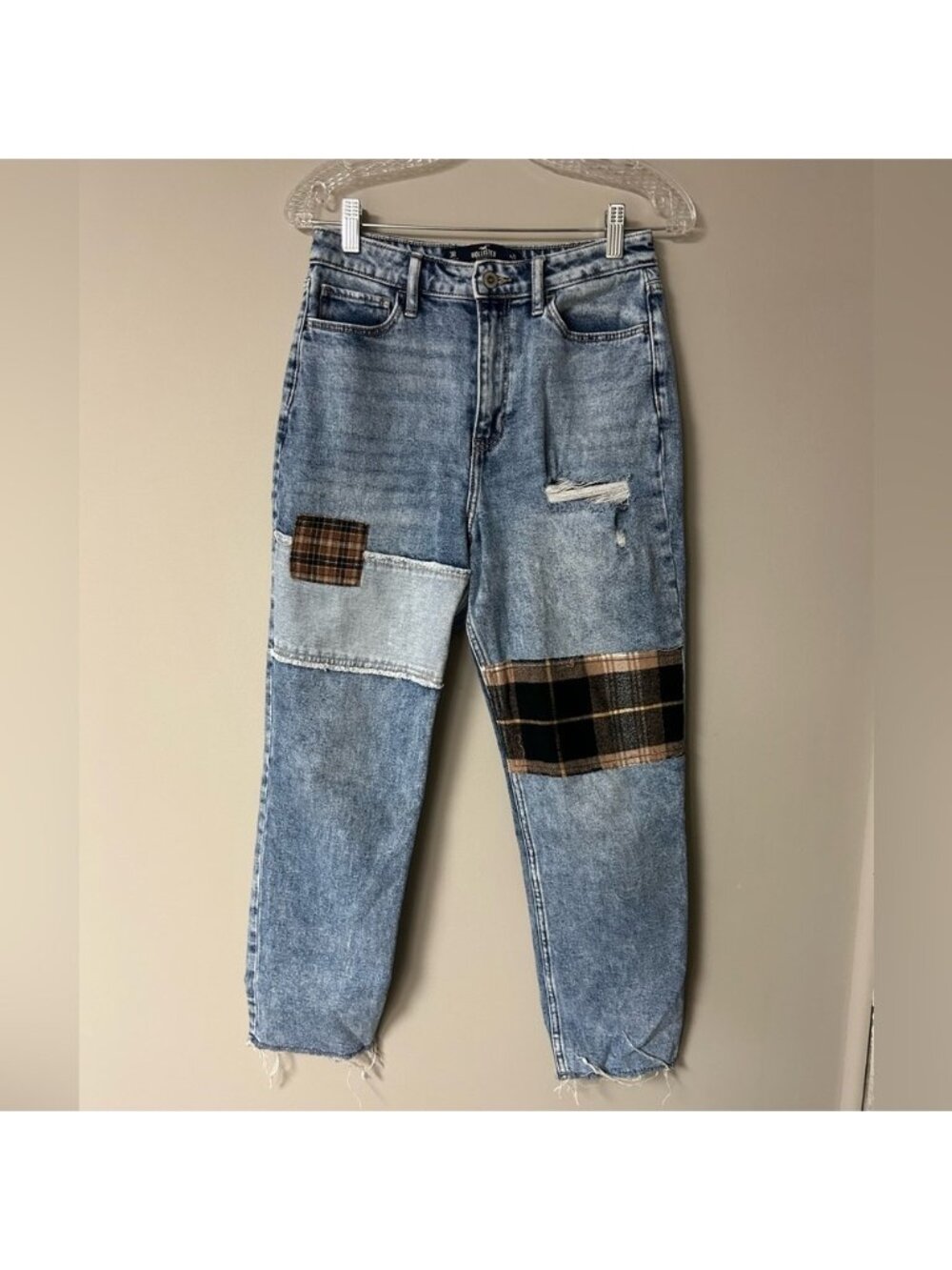 Hollister High Rise Mom Jeans With Plaid Patches